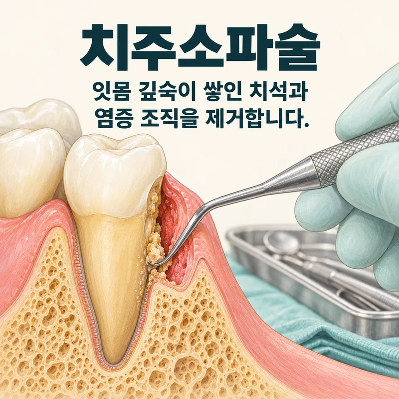 치주소파술 — 잇몸 깊숙이 쌓인 치석과 염증 조직을 제거합니다