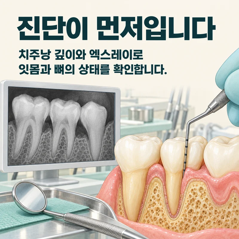 진단이 먼저입니다 — 치주낭 깊이와 엑스레이로 잇몸과 뼈의 상태를 확인합니다
